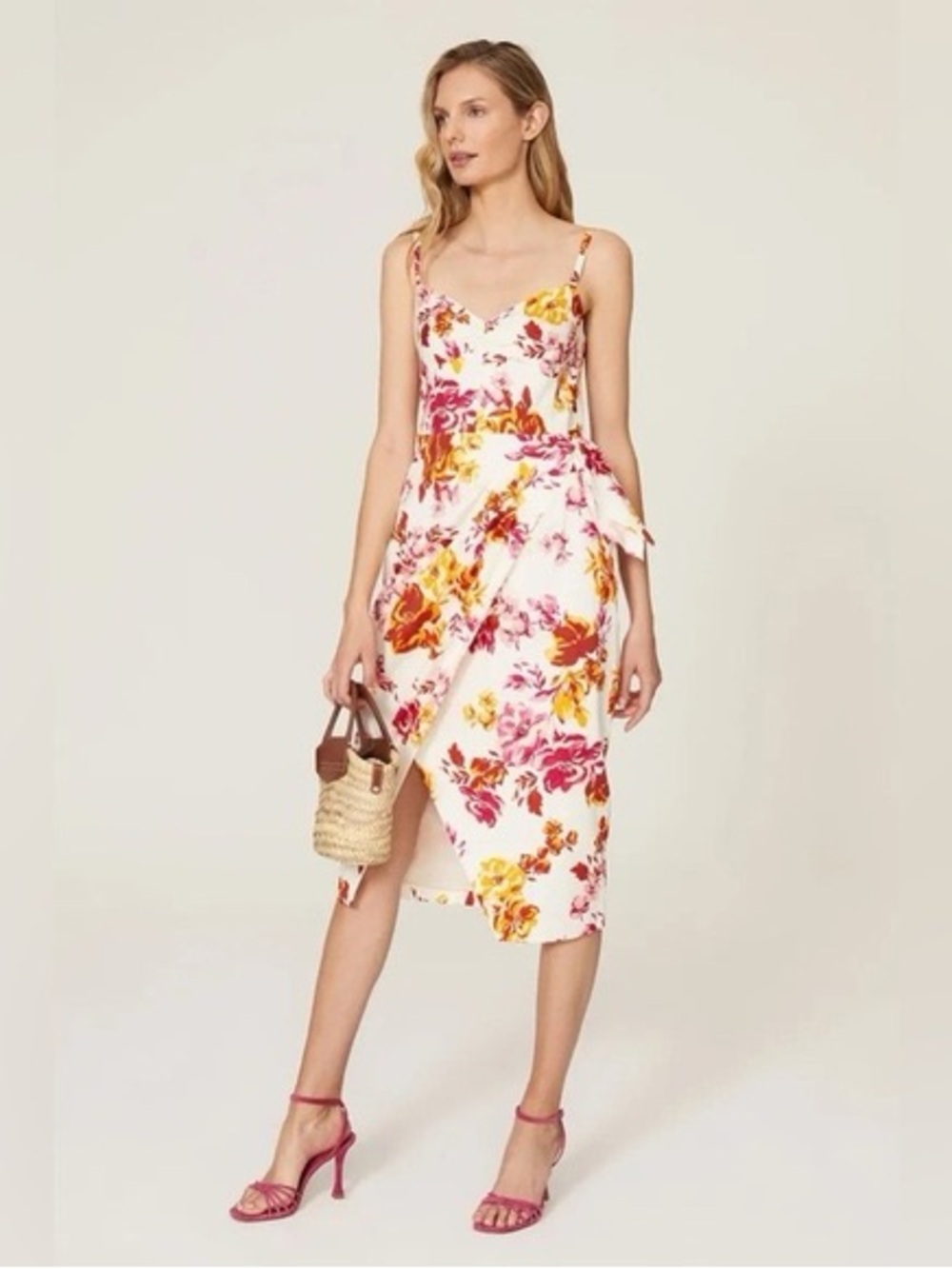 Great Jones Floral Wrap style Floral Midi Dress in Pink and Yellow